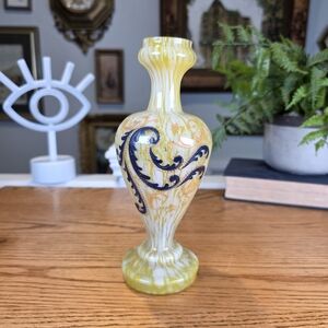 Vintage Bohemian Emerald Green Glass Vase Hand Painted Gold Floral MCM 8"